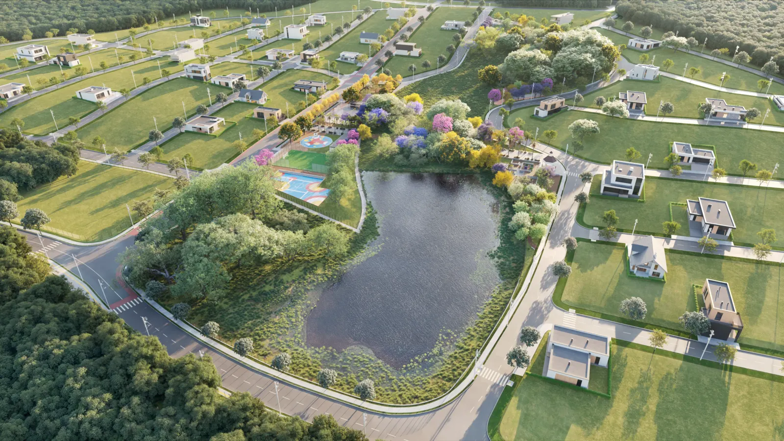 Vista aérea do bairro planejado Verdes Campos Parque com lago e áreas verdes