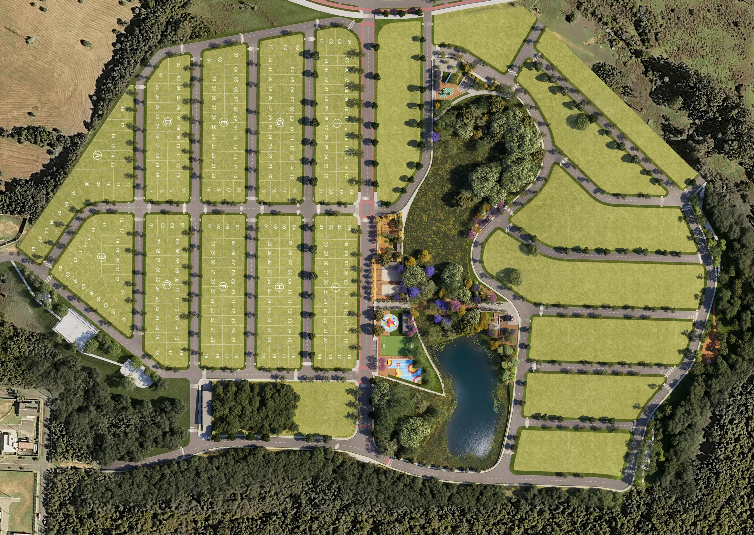 Implantação do Verdes Campos Parque com as quadras A a J, lotes numerados, parque central e lago
